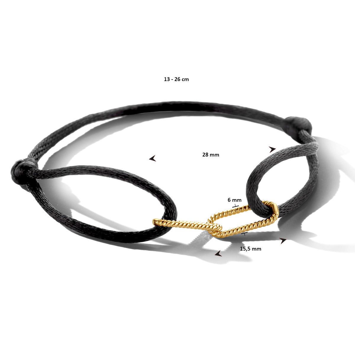 Zwart satijnen armband met vergulde schakels 26.00031